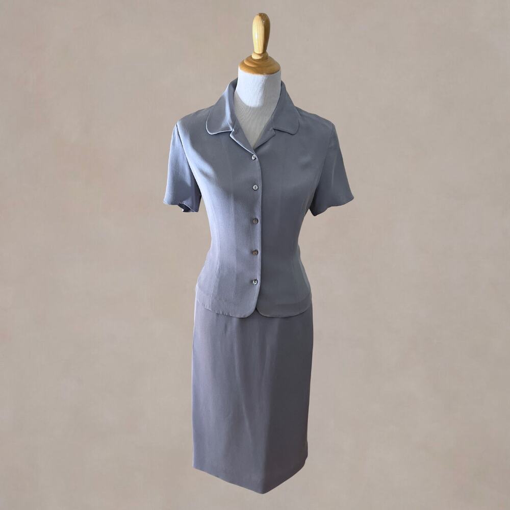 Vintage Talbots Pure Silk Skirt Suit Set Blue 2 Piece Womens 8